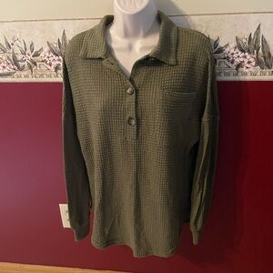 Olive Green Waffle Knit Polo Long Sleeve Top